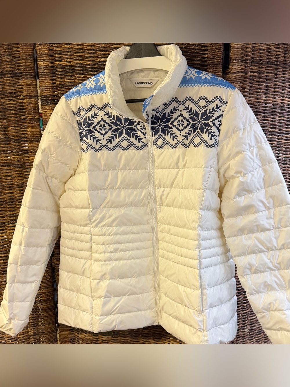 Lands' End-White Packable Puffer Jacket w/Blue Nordic Yoke-Size: Large (14/16)